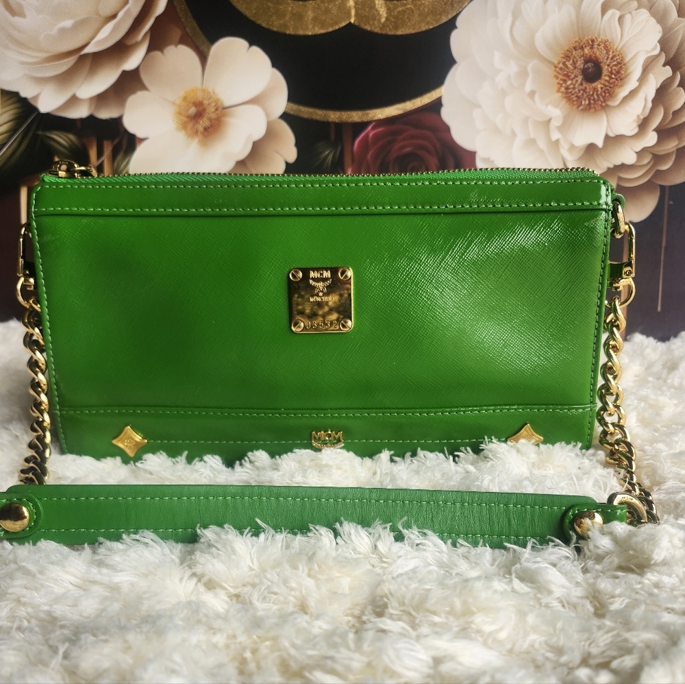 MCM Vibrant Emerald Green Mini Bag with Gold Accents